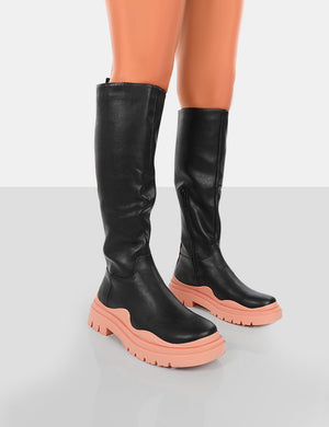 On Point Pink Black PU Chunky Sole Knee High Boots