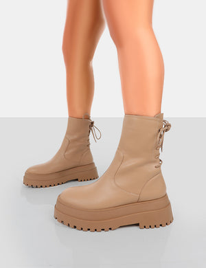 Noelle Camel Chunky Sole Lace Up Detail Ankle Boots