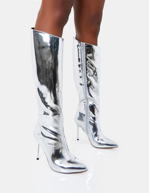 Falcon Silver Mirror Knee High Stiletto Boot