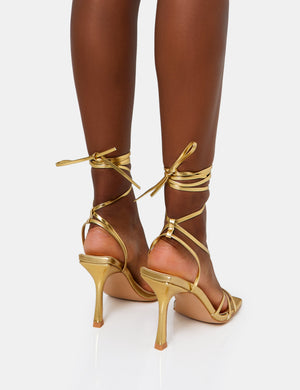 Divine Gold Wide Fit PU Strappy Lace Up Square Toe Mid Stiletto Heels