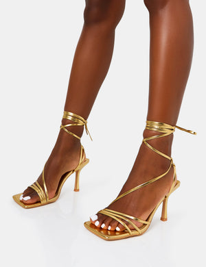 Divine Gold Wide Fit PU Strappy Lace Up Square Toe Mid Stiletto Heels