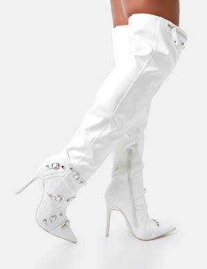 Kodak White Croc Pointed Toe Zip Detail Over The Knee Boots
