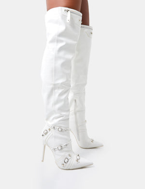 Kodak White Croc Pointed Toe Zip Detail Over The Knee Boots