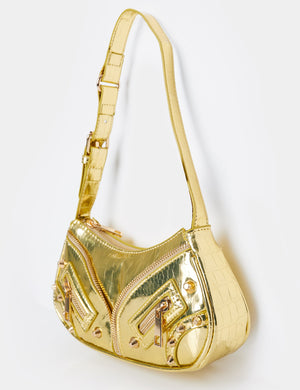 The Candice Zip Detailed Gold Croc Shoulder Bag