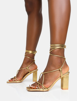 Noor Gold Lace Up Square Toe Mid Block Heels