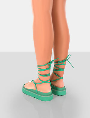 Bebe Green PU Chunky Flatform Lace Up Sandals
