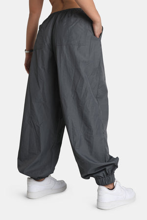 Drawstring Waist Parachute Cargo Trousers Grey