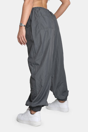 Drawstring Waist Parachute Cargo Trousers Grey