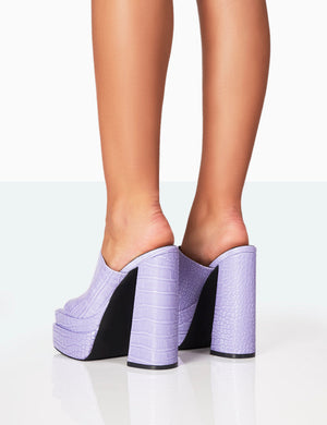 Skyhigh Neon Purple Croc Chunky Platform High Heeled Mules