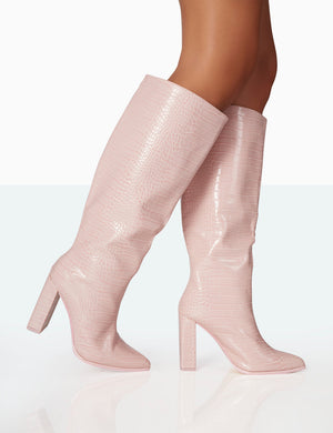 Posie Baby Pink Croc PU Knee high Block Heel Boots