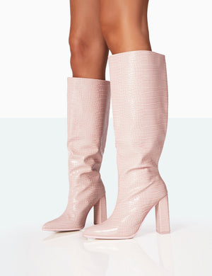 Posie Baby Pink Croc PU Knee high Block Heel Boots