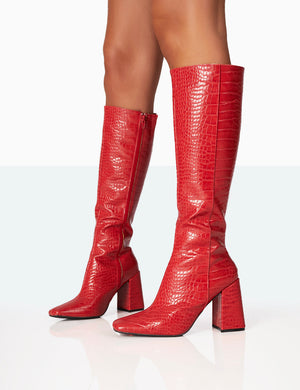 Apology Red Croc PU Knee High Block Heel Boots