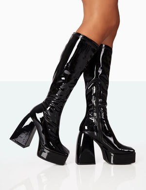 Heartbeat Wide Fit Black Patent Chunky Square Toe Platform Block Knee High Boots
