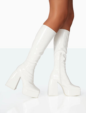 Heartbeat White Patent PU Chunky Square Toe Platform Block Knee High Boots