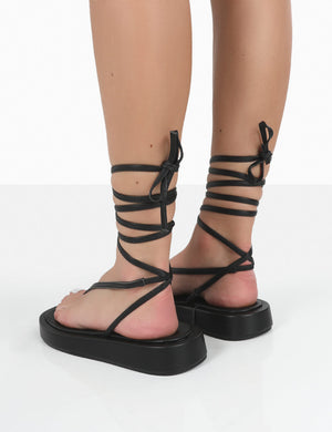 Beach Babe Black Lace Up Toe Thong Flatform Sandals