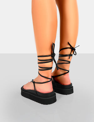 Bebe Black PU Chunky Flatform Lace Up Sandals
