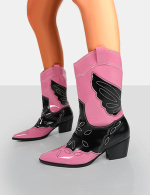 Howdy Pink Patent Pointed Toe Western Cowboy Ankle Boots