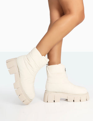 Puffy Ecru Nylon Zip Up Chunky Sole Snow Ankle Boots
