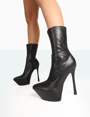 Vegas Black Grain Pointed Stiletto Platform Heeled Ankle Boots