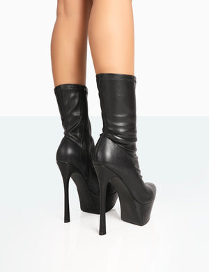 Vegas Black Grain Pointed Stiletto Platform Heeled Ankle Boots