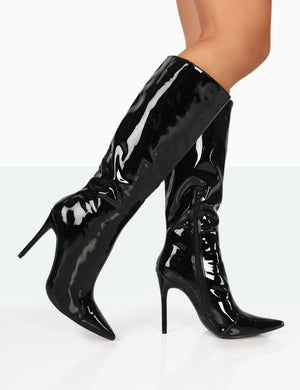 Horizon Black Patent Stiletto Knee High Pointed Heeled Boots