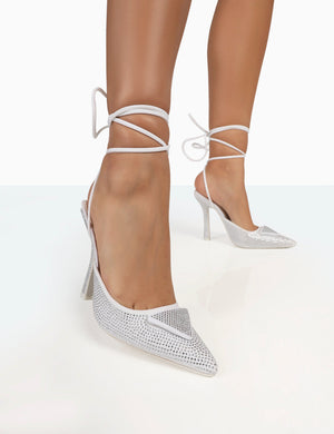 Galaxy Silver Diamante Pointed Stiletto Toe Lace Up Wrap Around Heels