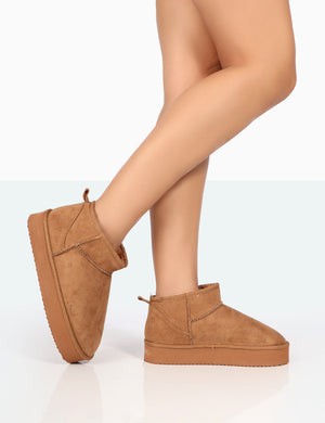 Shorty Tan Faux Suede Ultra Mini Chunky Ankle Boots