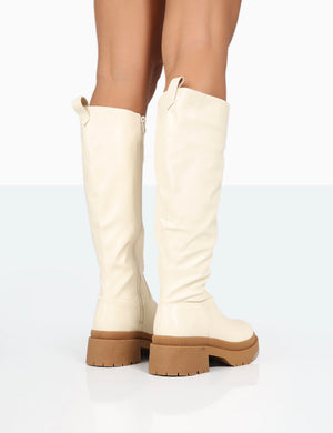 Jersey Ecru Pu Contrasting Chunky Sole Knee High Boots