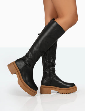 Jersey Black Pu Contrasting Chunky Sole Knee High Boots