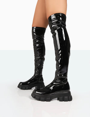 Junya Black Patent Over The Knee Chunky Sole Boots