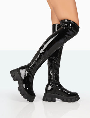 Junya Black Patent Over The Knee Chunky Sole Boots