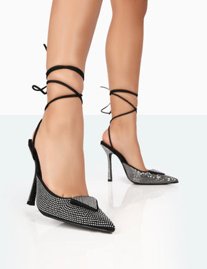 Galaxy Black Diamante Pointed Stiletto Toe Lace Up Wrap Around Heels