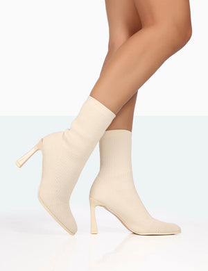 Farah Ecru  Knitted Pointed Toe Stiletto Heel Ankle Sock Boots