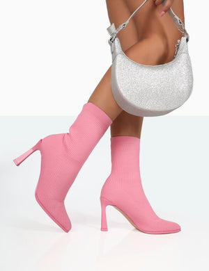 Farah Pink Knitted Pointed Toe Stiletto Heel Ankle Sock Boots