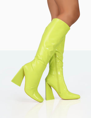 Senna Lime Pu Knee High Block Heel Boots