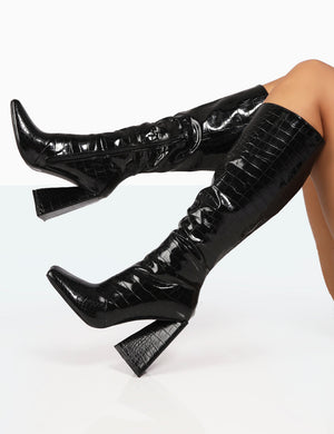 Senna Black Patent Croc Pu Knee High Block Heel Boots