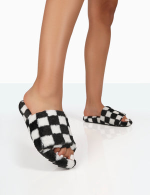 Happy Black And White Checkerboard Fluffy Faux Fur Slider Slippers