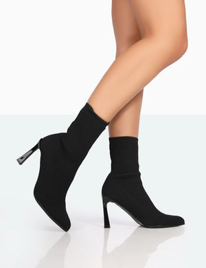 Farah Black  Knitted Pointed Toe Stiletto Heel Ankle Sock Boots