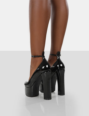 Donatella Black Patent Ankle Strap Closed Toe Platform Block Heels