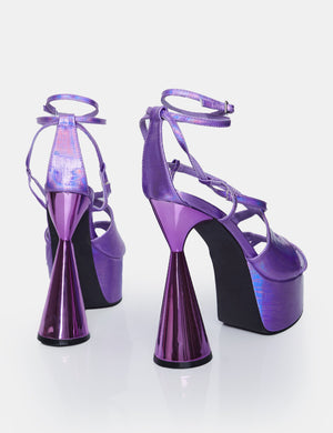 Tina Iridescent Metallic Purple Asymmetric Cut Out Strappy Ankle Platform Flared Block Heel
