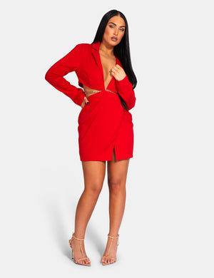 Cut Out Chain Waist Blazer Dress Red