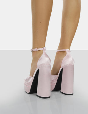 Mercy Baby Pink Satin Strappy Square Toe Platform High Block Heels