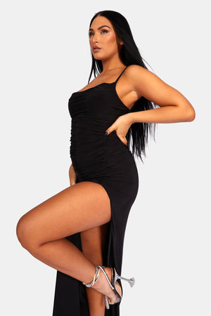 Cowl Neck Extreme Split Slinky Maxi Dress Black