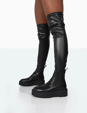 Pheonixe Black Pu Chunky Sole Round Toe Over The Knee Boots