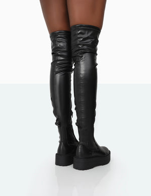 Pheonixe Black Pu Chunky Sole Round Toe Over The Knee Boots