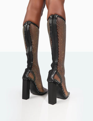 Twinkle Black Diamante Fishnet Block Heel Knee High Boots