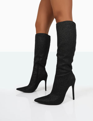 Diva Black Glitter Pointed Toe Stiletto Knee High Boots