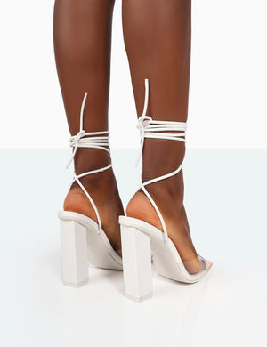 Date-Night Wide Fit White Croc Lace Up Clear Perspex Square Toe Heels