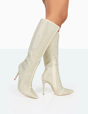 Lexi Gold Diamante Stiletto Knee High Boots