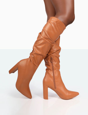Mine Caramel PU Pointed Toe Block Heeled Knee High Boots
